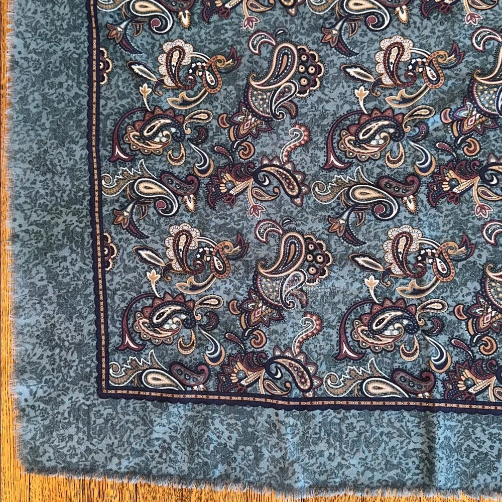 Vintage 60s Norman Brand Blue & Tan Paisley Wool Very Large‎ Scarf or Wrap